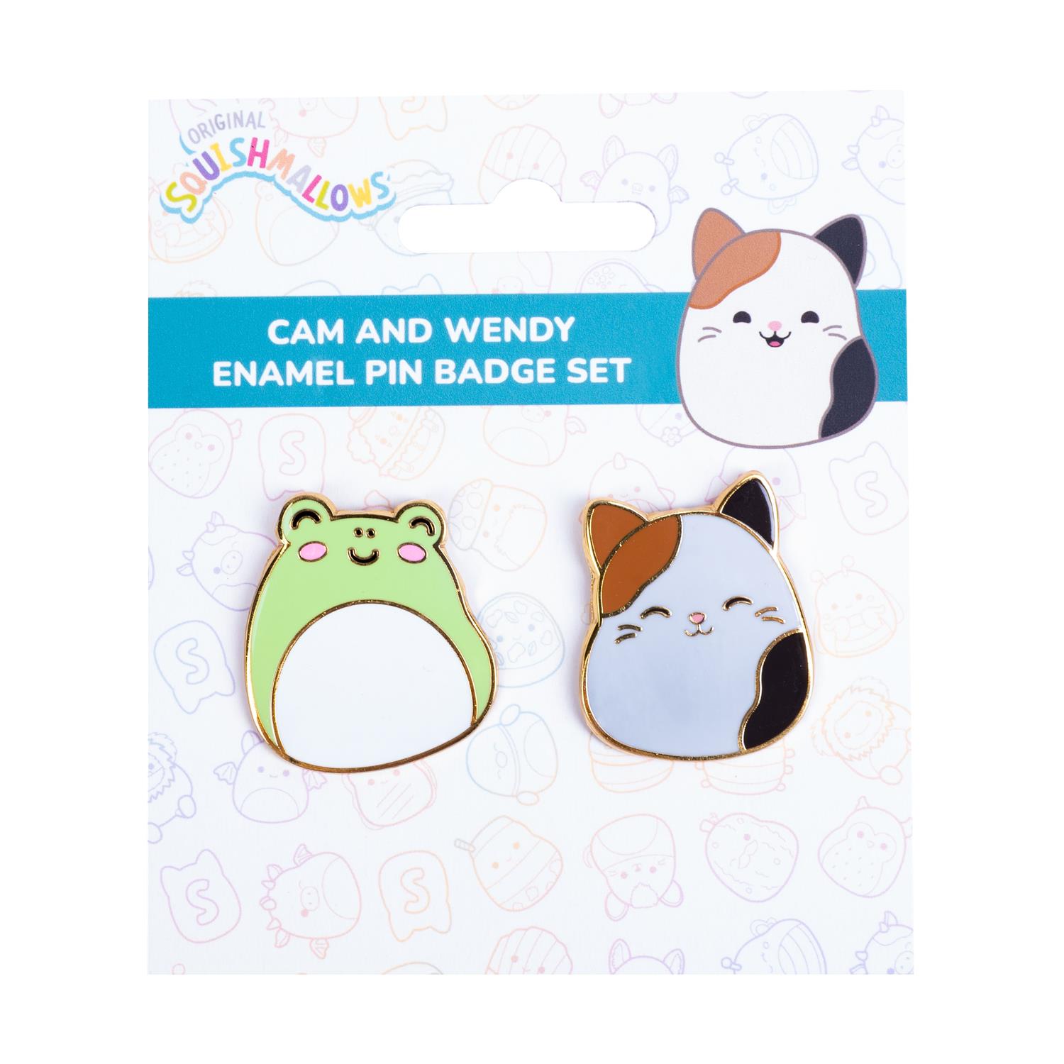 130820266a7d1b135f10a.jpeg Fizz Squishmallows - Cam & Wendy Pin Badges x 2 CDU (350122)
