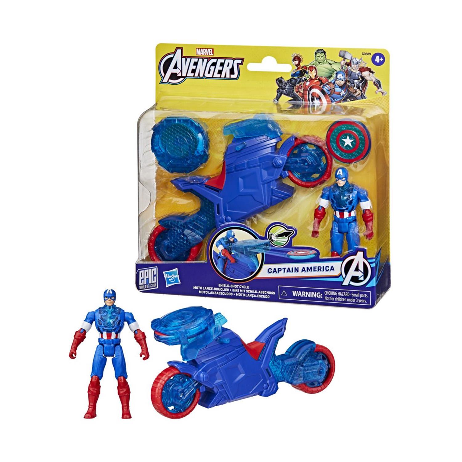 130820266a7d1d0f463cf.jpeg Hasbro Marvel Avengers: Epic World of Action - Captain America Shield-Shot Cycle Vehicle 4" Figure (G0889)