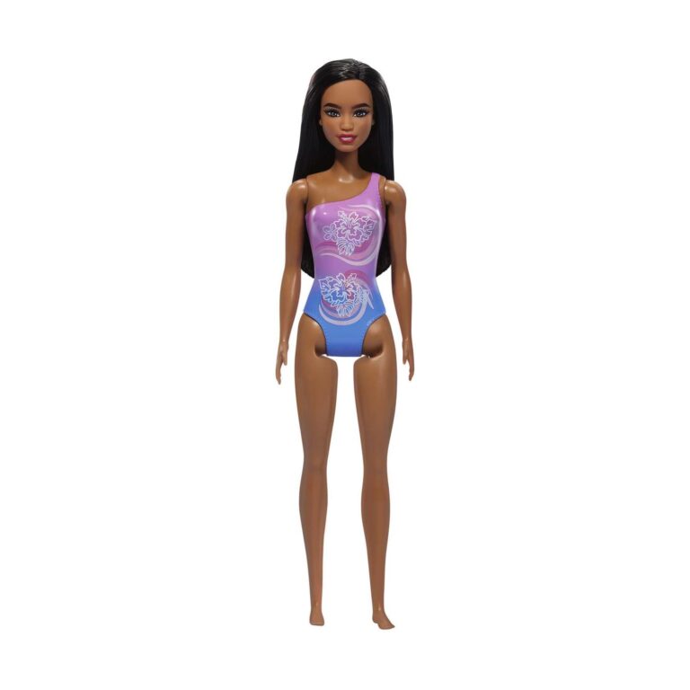 Mattel Barbie: Beach - Dark Skin Doll Wearing Tropical Pink and Blue Swimsuit (HXX49)